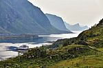 Norway Villages In Fjord. Cloudy Nordic Day Stock Photo