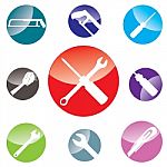 Object Tool Icon Design Isolated On White Background. Wrench Tape Measure Saw And Cutter With Screwdriver For Illustration Icon Stock Photo