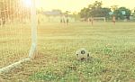 Old Football Vintage Photography With Soccer Goal With Lens Flare Effect Stock Photo