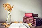 Open Books And Flower, Home Decoration Concept Stock Photo