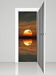 Opened Door with Sunset Stock Photo