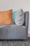 Orange Color Pillow On Grey Sofa In Living Room Stock Photo