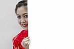 Oriental Girl Wishing You A Happy Chinese New Year, With Copy Sp Stock Photo