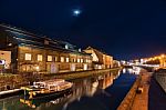 Otaru Canal And Boat At Night Stock Photo