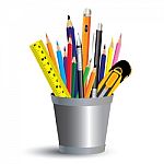 Painting Tool In Office Isolated On White Background. Colored Pencil, Pen And Ruler In Office A Full Set Stock Photo
