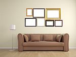 Picture Frame On Wall And Sofa Furniture Interior Design Stock Photo