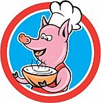 Pig Chef Cook Holding Bowl Circle Cartoon Stock Photo