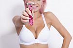 Pink Hair Smiling Woman Hold Pink Female Shaver In Hand Stock Photo