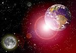 Planet Earth And Moon In The Deep Space   Stock Photo