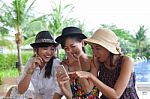 Portrait Of Asian Woman Friend Group Looking To Mobile Phone And Stock Photo