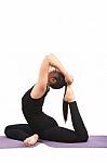 Portrait Of Asian Woman Wearing Black Body Suit Sitting In Yoga Meditation Position Isolated White Background Stock Photo