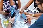 Portrait Of Group Friends Having Fun With Smartphones Stock Photo