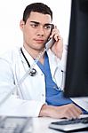 Portrait Of Male Physician Holding Receiver And Looking The Computer Stock Photo