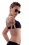 Portrait Of Sexy Model With Peace Sign, Hand Gesture Stock Photo