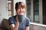 Portrait Of Thai Adult Beautiful Girl Drinking Coffee Stock Photo