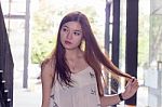 Portrait Of Thai Adult Beautiful Girl Relax And Smile Stock Photo