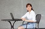 Portrait Of Thai Adult Businesswoman Beautiful Girl Using Computer Notebook Stock Photo