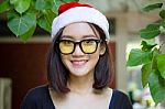 Portrait Of Thai Adult Glasses Beautiful Girl Relax And Smile Stock Photo