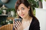 Portrait Of Thai Adult Women Office Beautiful Girl Drinking Coffee Stock Photo