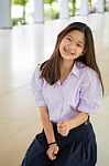 Portrait Of Thai High School Student Uniform Teen Beautiful Girl Happy And Relax Stock Photo