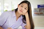 Portrait Of Thai High School Student Uniform Teen Beautiful Girl Happy And Relax Stock Photo