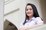 Portrait Of Thai High School Student Uniform Teen Beautiful Girl Happy And Relax, Stock Photo