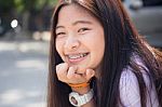 Portrait Of Thai Student Teen Beautiful Girl Happy And Relax Stock Photo