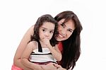 Portrait Of Woman With Her Child. Isolated On The White Backgrou Stock Photo