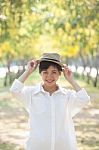 Portrait Of Young Beautiful Asian Woman Wearing Straw Hat With S Stock Photo
