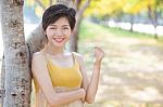 Portrait Of Young Beautiful Asian Woman With Short Hairs Style T Stock Photo