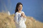 Portrait Toothy Smiling Face Of Asian Girl Relaxing Emotion Outdoor Lifestyle Stock Photo