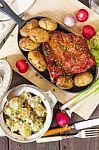 Potato Salad And Bacon Rib With Roasted Potatoes. Farmhouse Styl Stock Photo