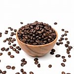 Preparing Roasted Coffee Beans In Wood Bowl On White Background Stock Photo