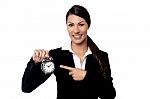 Pretty Business Woman Holding Alarm Clock Stock Photo
