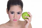 Pretty Girl With Gree Apple Stock Photo