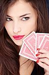 Pretty Woman Holding Gambling Cards Stock Photo