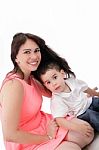 Pretty Young Women With Her Son Isolated Stock Photo