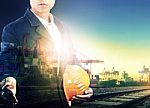 Professional Working Man In Shipping Port And Logistic Transportation Industry Multi Exposure Stock Photo
