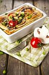 Quiche Lorraine With Chicken, Mushrooms, Broccoli And Tomatoes Stock Photo