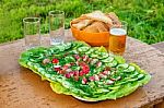 Radish, Cucumber And Dill On A Plate, Glasses Of Beer And Bread Stock Photo