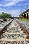 Railway Tract In Summer Day At Train Station In Thailand Stock Photo