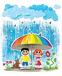 Rainy Day Children Hiding Dog Cat Umbrella Stock Photo