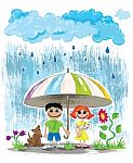 Rainy Day Children With Dog And Cat Hiding Under Umbrella Stock Photo