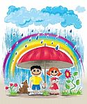 Rainy Day With Rainbow Kids With Pets Hiding Under Umbrella Stock Photo