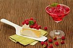 Raspberry Cheesecake With Fresh Raspberries Juice Stock Photo