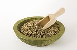 Raw Hemp Seeds Wooden Laddle Close Up Stock Photo