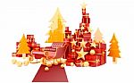 Red Carpet With Santa Sleigh And Gifts On White Background Stock Photo