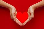 Red Paper Heart In Hands On The Red Background Stock Photo
