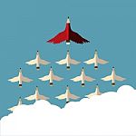 Red Pencil And Follower With Wing Flying To Sky Stock Photo