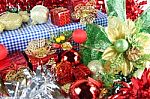 Red Ribbon And Accessory Decorations Of Christmas Day Stock Photo